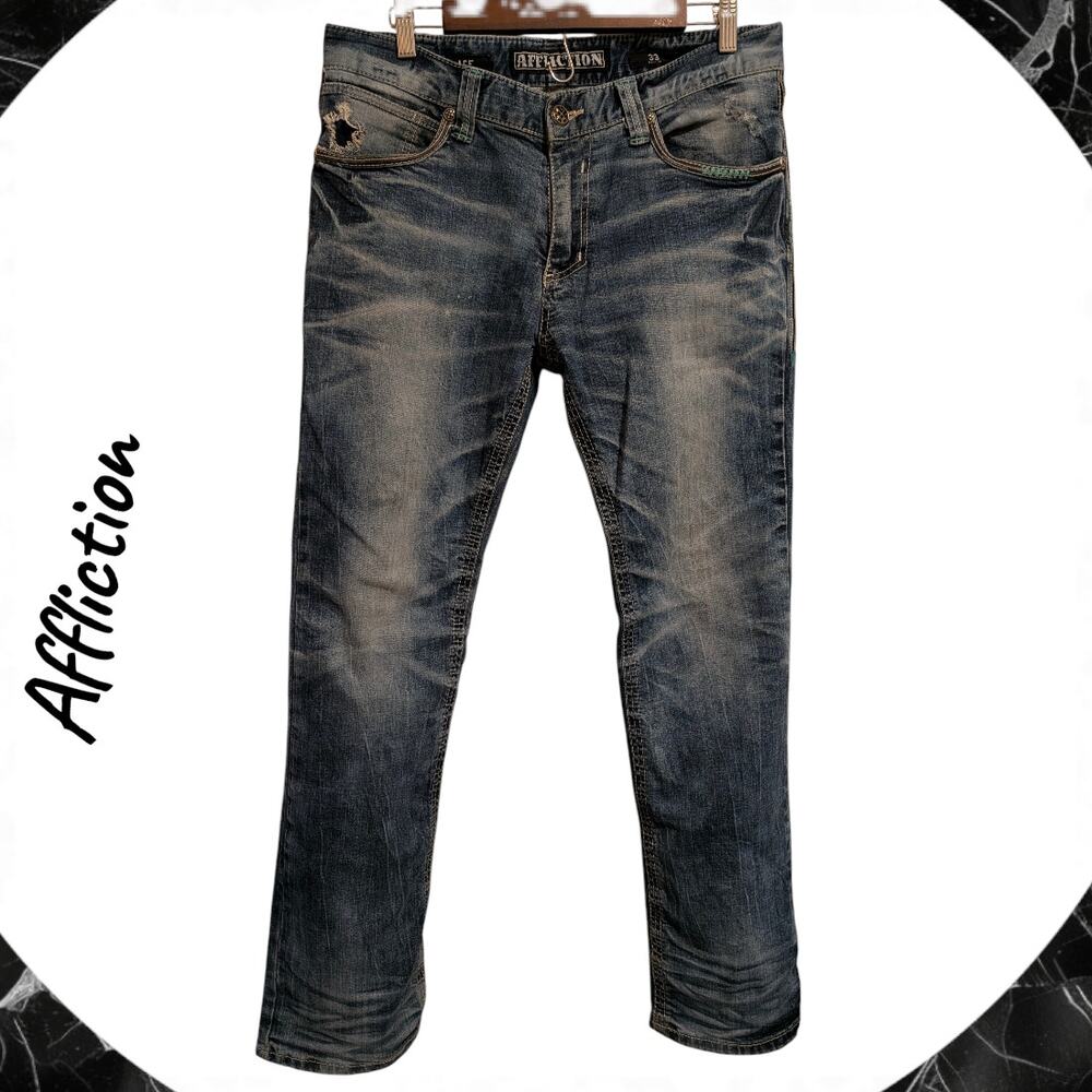 AFFLICTION Ace Slim Straight Blue Jeans Men's 33 Denim Distressed Flap Pockets
